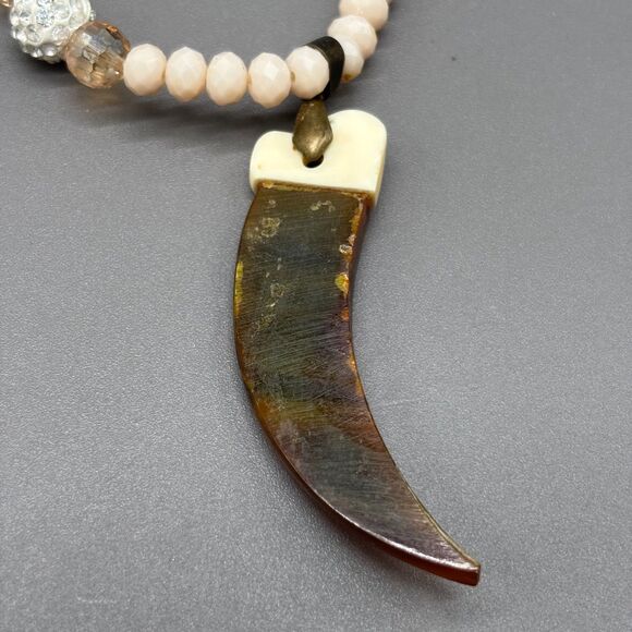 Lenora Dame Horn & Bone Claw Pendant Necklace Faceted Pink Glass Beads 18KGP USA - Picture 7 of 13